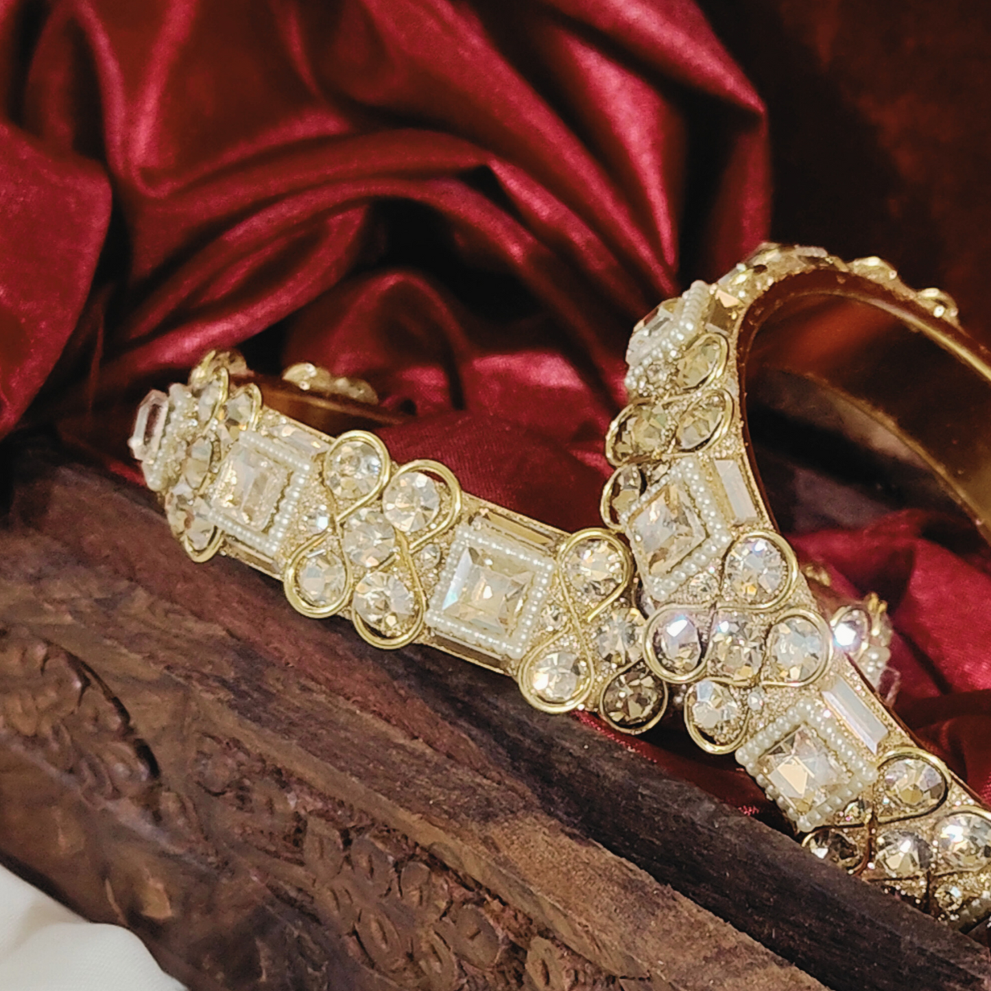Traditional lac-metal Kangan bangles studded with pearl moti and shimmering shadow stones
