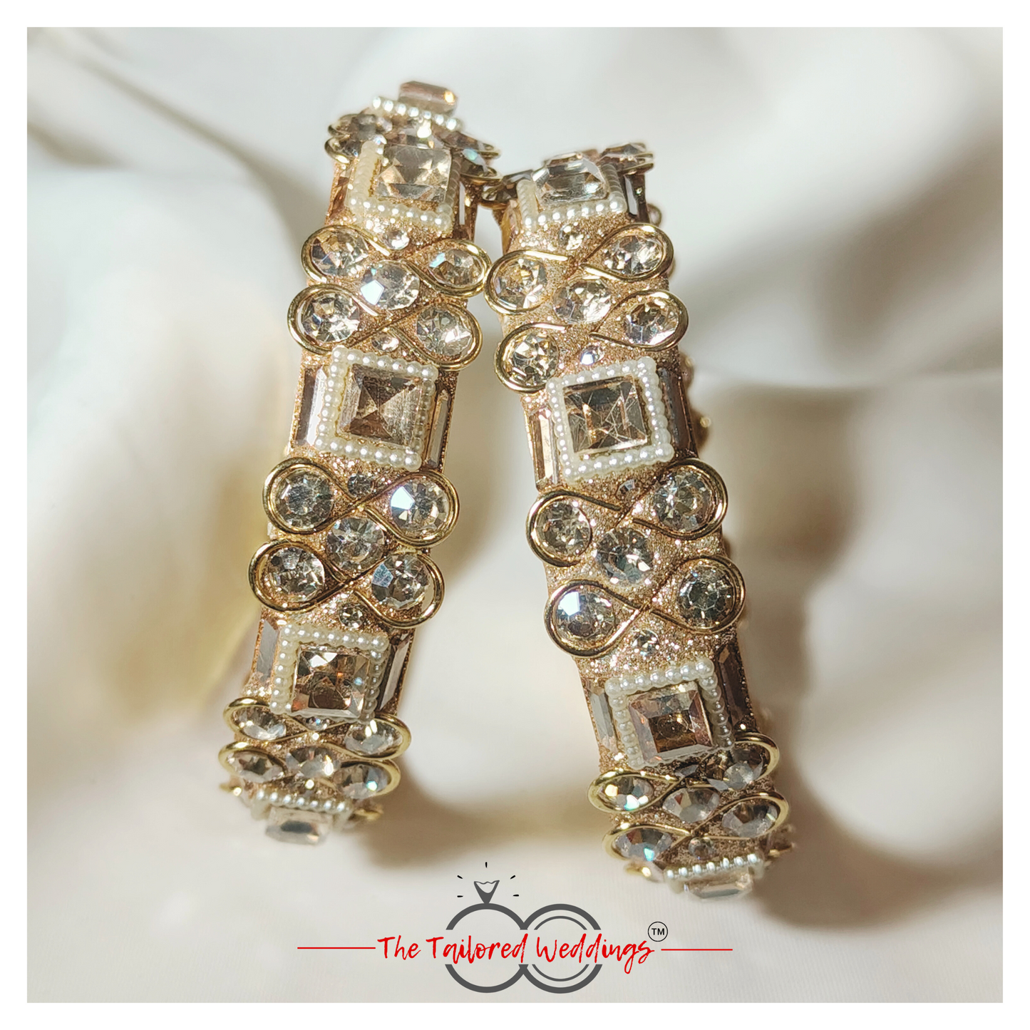 Traditional lac-metal Kangan bangles studded with pearl moti and shimmering shadow stones