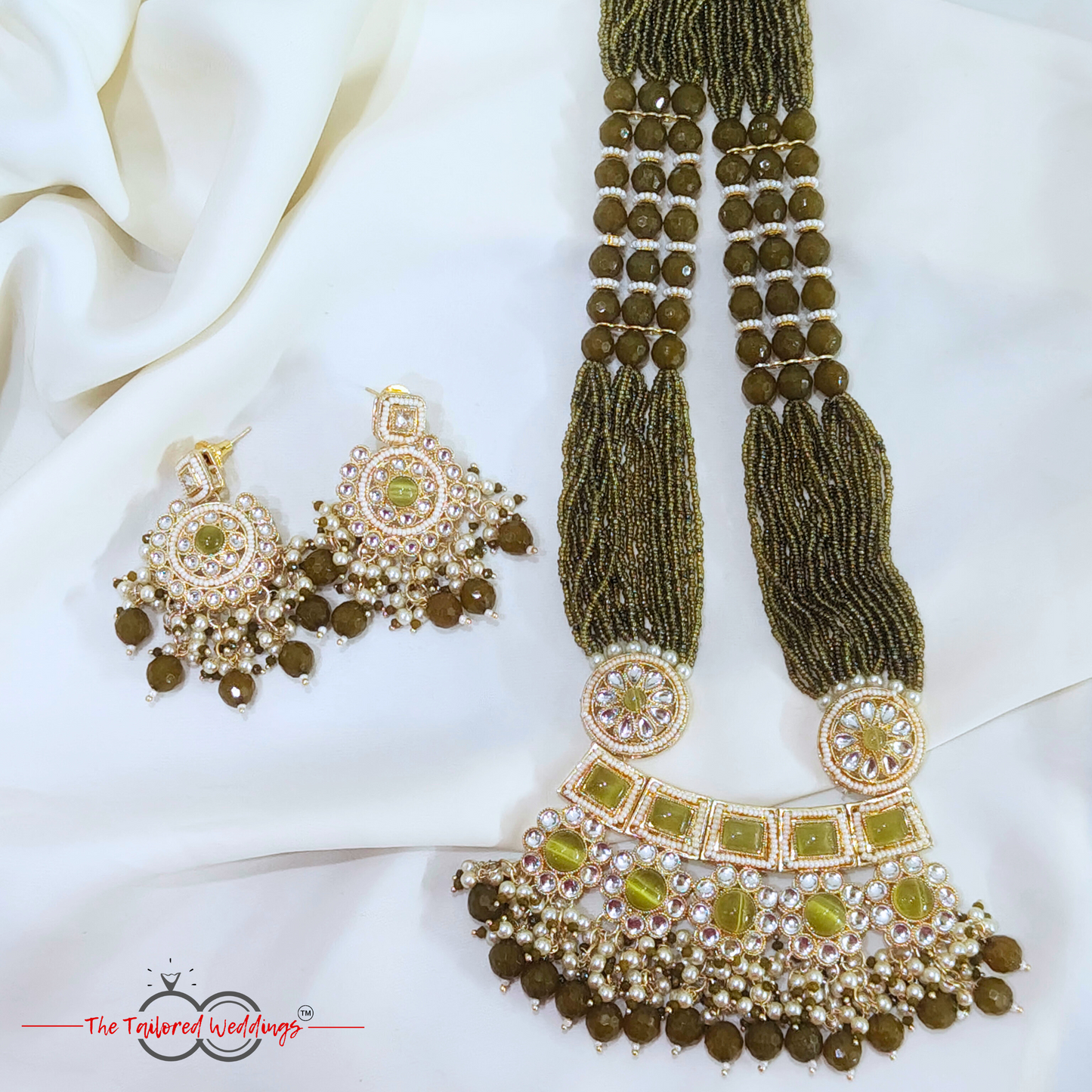 Multi-layered Moti Kundan long necklace set with white and colored beads, traditional ethnic jewelry for women