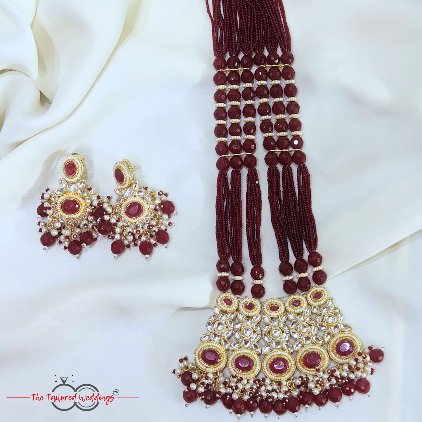 Multi-layered Moti Kundan long necklace set with white and colored beads, traditional ethnic jewelry for women