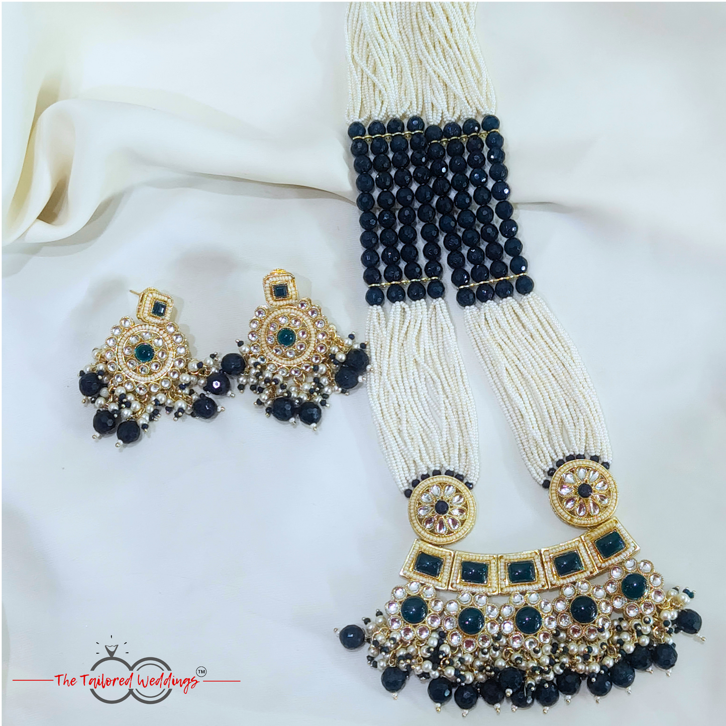 Multi-layered Moti Kundan long necklace set with white and colored beads, traditional ethnic jewelry for women