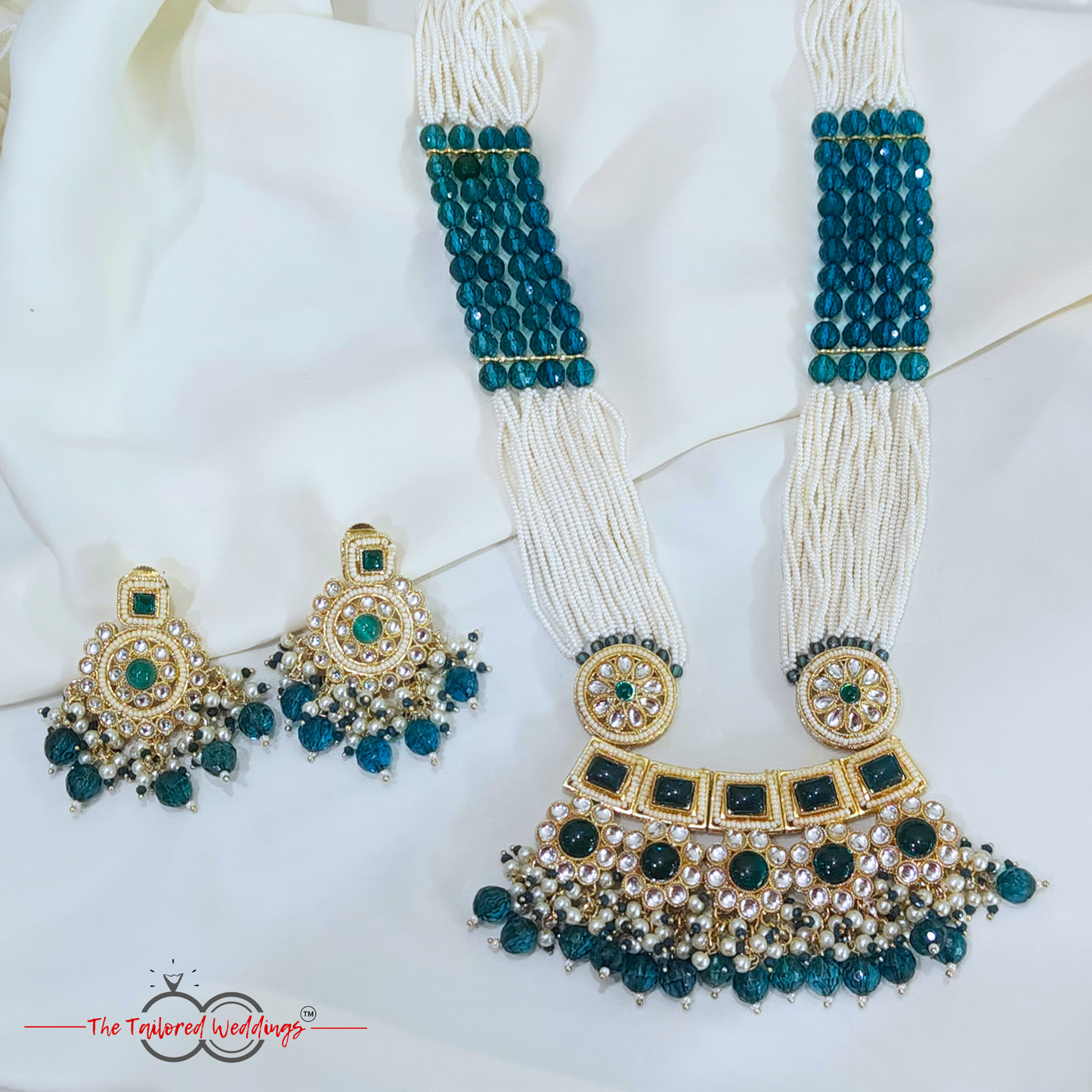 Multi-layered Moti Kundan long necklace set with white and colored beads, traditional ethnic jewelry for women