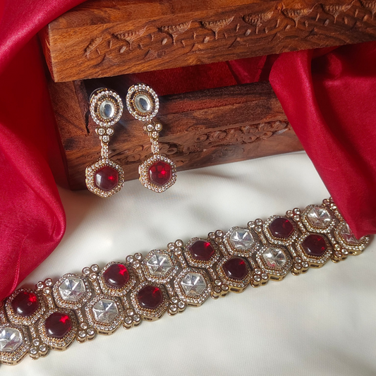 Choker jewelry set with red and clear gemstones for weddings and engagement parties