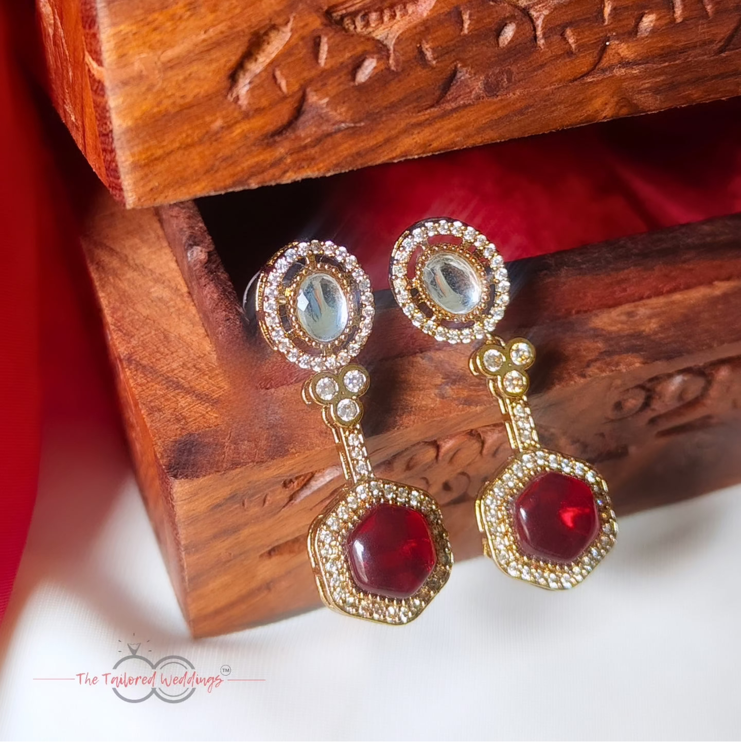 Choker jewelry set earrings with red and clear gemstones for weddings and engagement parties