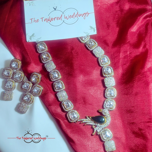 Peacock design Kundan necklace set with earrings – traditional Indian jewelry for weddings and festive wear.